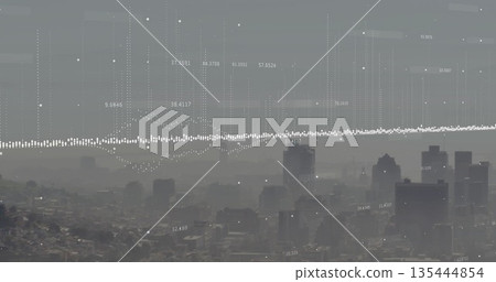 Displaying white waveform overlay across hazy urban skyline from hillside overlook, numeric labels 135444854