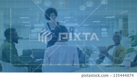 Presenting woman in overalls discussing project in office lounge with tablet laptop and HUD overlay Presenting woman in overalls discussing project in office lounge with tablet laptop and HUD overlay 135444874