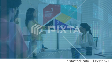 Pointing at display, blazer-clad woman presenting infographic data in conference room, with laptops Pointing at display, blazer-clad woman presenting infographic data in conference room, with laptops 135444875