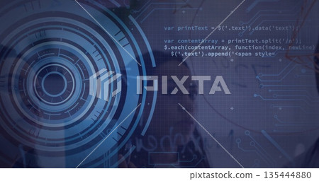 Overlaying circular HUD graphic on professional face in digital interface, with code, copy space Overlaying circular HUD graphic on professional face in digital interface, with code, copy space 135444880