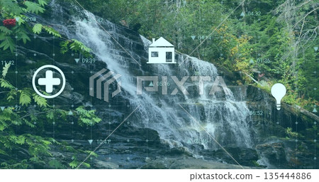 Flowing waterfall cascading over ledges in gorge with grid overlay, floating timestamps and icons 135444886