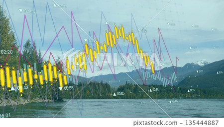 Digital data overlay appearing in lake and mountain, with yellow bars, line graphs, time labels Digital data overlay appearing in lake and mountain, with yellow bars, line graphs, time labels 135444887