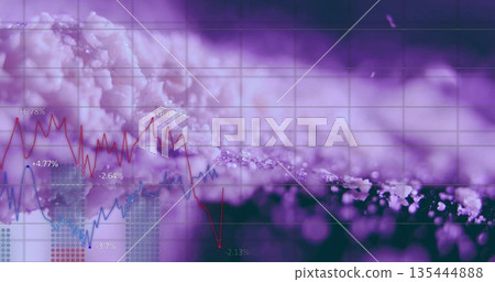 Merging purple-tinted crystalline granules with fluctuating financial line charts in lab interface 135444888
