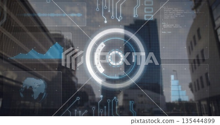 Overlaying holographic HUD on city street, with charts, waveform panel, code snippet and globe icon Overlaying holographic HUD on city street, with charts, waveform panel, code snippet and globe icon 135444899