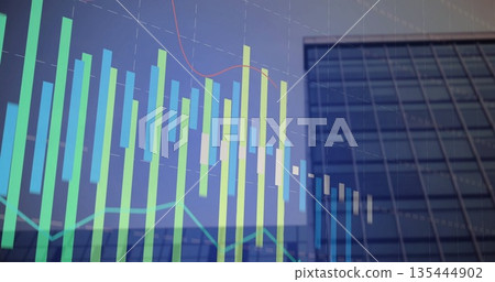 Displaying colored bars with gridlines and axes and red line graph overlaying glass office building 135444902