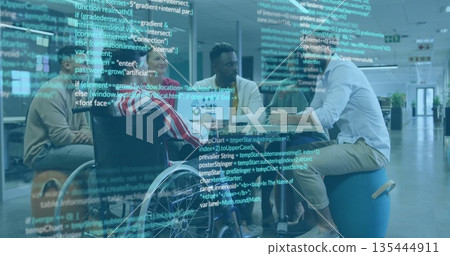 Discussing ideas colleagues gathering around table in office lounge with coffee mugs and wheelchair 135444911