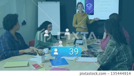 Team lead in yellow sweater pointing at projected slide in meeting room, with laptops, flip chart Team lead in yellow sweater pointing at projected slide in meeting room, with laptops, flip chart 135444914