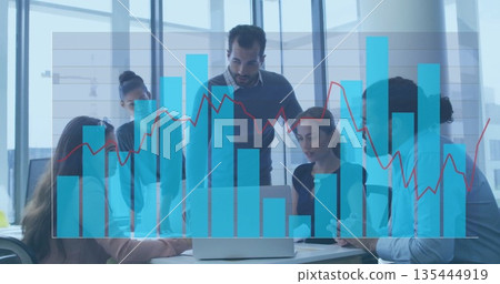 Team members in suits analyzing data on laptop in conference room, with digital graphs overlay 135444919