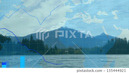 Mountain lake landscape presenting digital interface in valley, with grid overlay, map and charts Mountain lake landscape presenting digital interface in valley, with grid overlay, map and charts 135444921