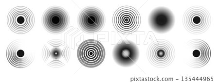 Black concentric circle. Sonar sound wave ring collection. Dotted and linear epicenter concept. Ripple radial vibration elements. Vector 135444965