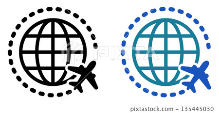 Simple icon of an airplane traveling around the globe, global travel and overseas business 135445030