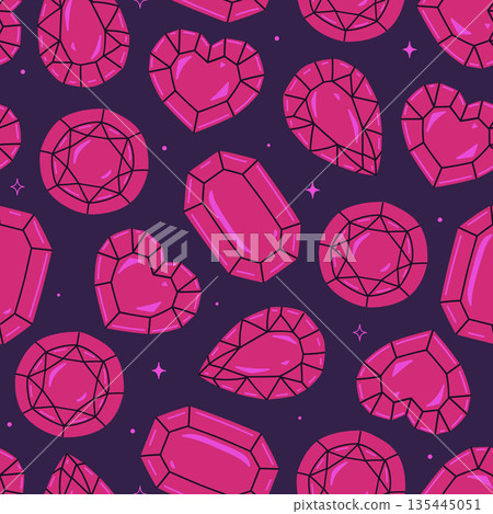 Seamless pattern with pink gemstones of various shapes. Vector graphics. 135445051