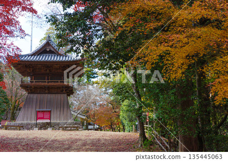秋季兵庫縣姬路市昭寺圓教寺的鐘樓和秋葉 135445063