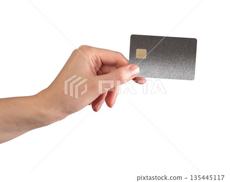 Bank card in hand design close up. Plastic chip credit or debit for shopping, purchase and trade. 135445117