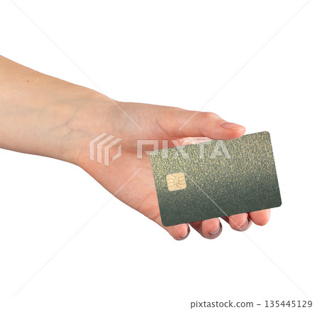 Bank card in hand hold close up. Plastic chip for shopping, purchase and commerce trade. Finance Bank card in hand hold close up. Plastic chip for shopping, purchase and commerce trade. Finance 135445129