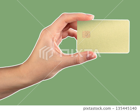 Bank card in hand rich close up. Colored plastic chip for payment, purchase and shopping trade. Bank card in hand rich close up. Colored plastic chip for payment, purchase and shopping trade. 135445140