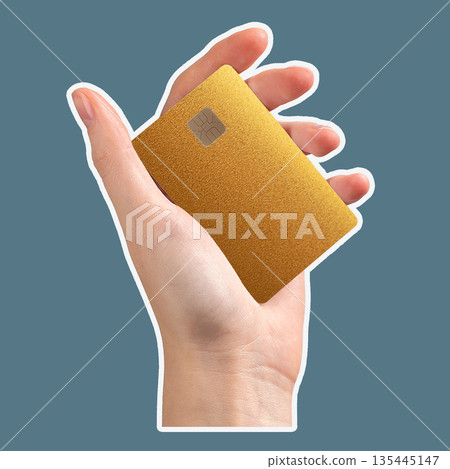 Bank card in hand trade close up. Colored plastic chip for payment, purchase and shopping commerce. 135445147