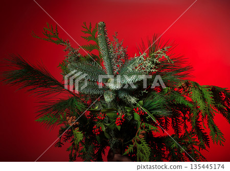 Christmas bouquet with evergreen branches. Fir, pine, cedar and spruce needles mixed with red 135445174