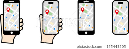 Illustration of a hand using a map app on a smartphone 135445205