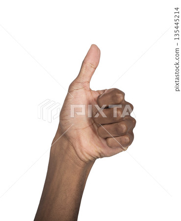 Thumb up gesture, happy sign of approval and positive agreement symbol. Black man hand showing okay Thumb up gesture, happy sign of approval and positive agreement symbol. Black man hand showing okay 135445214