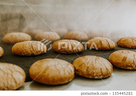 Fresh buns from the oven. Conveyor with bread. Baking bread. Workshop for production of bread. White bread in the oven. Hot buns. Confectionery 135445281
