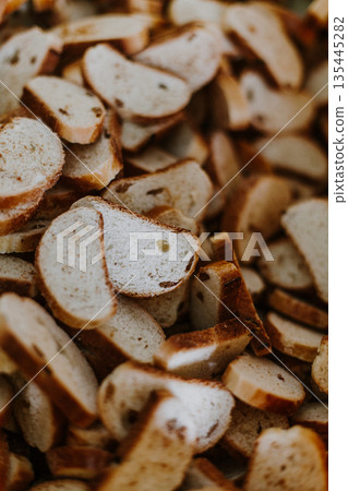 Spanish cuisine. Crumble cakes. Typical Christmas sweets. Selective focus. Polvorones de Estepa. 135445282