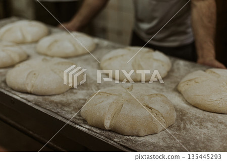 Production of bread. Bread baking in the oven. Production of bread. Bread baking in the oven. 135445293