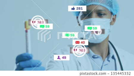 Holding test tube, doctor wearing surgical attire in lab, with stethoscope and social media alerts Holding test tube, doctor wearing surgical attire in lab, with stethoscope and social media alerts 135445332