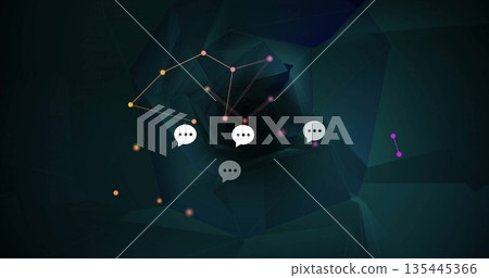 Floating speech bubble icons hovering in network tunnel, with colored nodes and glowing lines 135445366
