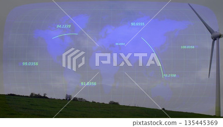 Wind turbine rising in grassy field,with holographic map overlay,grid lines and markers, copy space Wind turbine rising in grassy field,with holographic map overlay,grid lines and markers, copy space 135445369