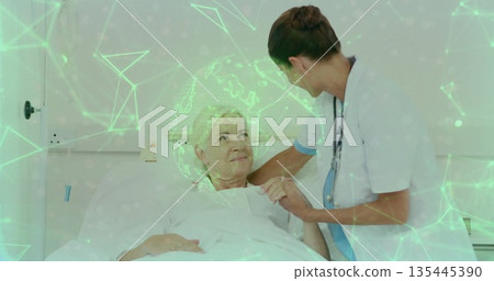 Leaning nurse monitoring patient resting in hospital bed, with stethoscope and holographic network Leaning nurse monitoring patient resting in hospital bed, with stethoscope and holographic network 135445390