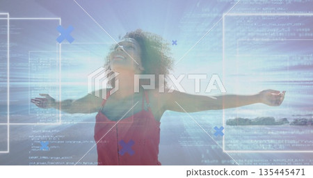 Standing woman in red sleeveless dress at beach shore, with arms outstretched and code UI overlays Standing woman in red sleeveless dress at beach shore, with arms outstretched and code UI overlays 135445471