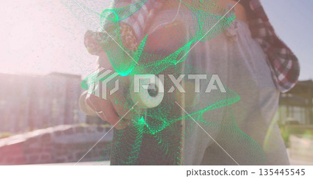 Woman holding skateboard on sunlit rooftop, with earphones, brick parapet and data wave 135445545