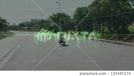 Riding adult woman navigating paved pathway at urban park, with e-scooter and digital code overlay Riding adult woman navigating paved pathway at urban park, with e-scooter and digital code overlay 135445574
