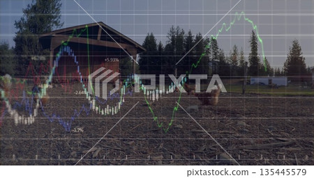 Displaying wooden chicken coop sitting on farmyard, with free-range chickens and financial overlay Displaying wooden chicken coop sitting on farmyard, with free-range chickens and financial overlay 135445579