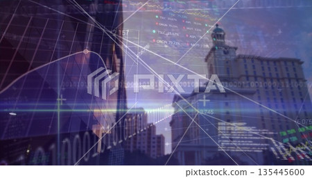 Displaying skyline with glass skyscraper and dome building in financial district, with stock charts Displaying skyline with glass skyscraper and dome building in financial district, with stock charts 135445600