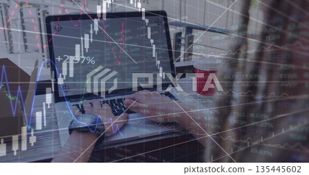 Analyzing stock market charts man wearing smartwatch working on laptop on balcony, with coffee cup 135445602