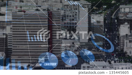 Grid overlay floating over high-rise skyline and roadway, showing line graph, bar and pie charts Grid overlay floating over high-rise skyline and roadway, showing line graph, bar and pie charts 135445605