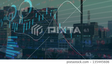 Displaying candlestick bars and trend lines overlaying urban skyline at dusk, with numeric labels Displaying candlestick bars and trend lines overlaying urban skyline at dusk, with numeric labels 135445606