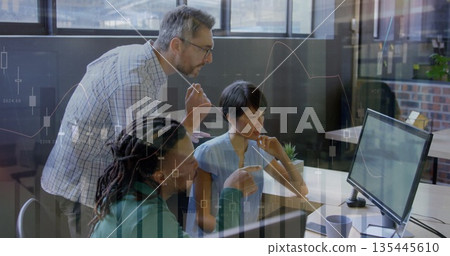 Discussing design ideas three professionals collaborating at modern office, with computer monitor Discussing design ideas three professionals collaborating at modern office, with computer monitor 135445610