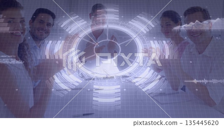 Collaborating colleagues analyzing holographic dashboard in meeting room with notebook, tablet Collaborating colleagues analyzing holographic dashboard in meeting room with notebook, tablet 135445620