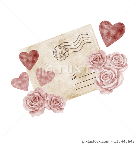 A vintage beige postcard with pink roses and small hearts forms this watercolor illustration, ideal for Valentine cards, floral printable sets, digital stationery, packaging accents, and gift designs 135445642