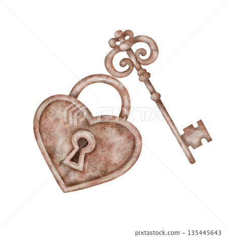 A heart-shaped lock and vintage key in warm brown tones form this watercolor illustration, great for Valentine branding, retro card designs, digital planners, printable crafts 135445643