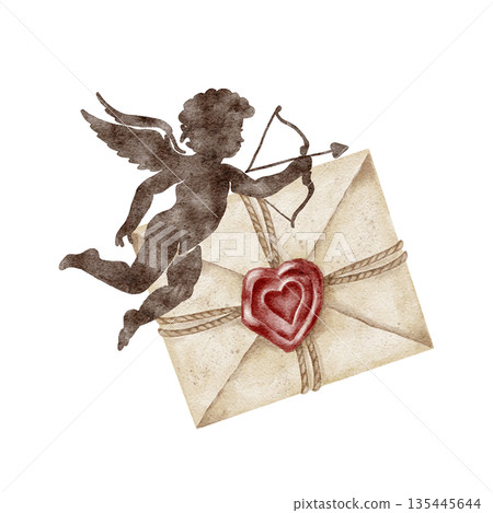 A brown cupid figure with a heart-sealed envelope is shown in this watercolor illustration, ideal for Valentine card collections, retro printable kits, scrapbook pages, gift tag sets A brown cupid figure with a heart-sealed envelope is shown in this watercolor illustration, ideal for Valentine card collections, retro printable kits, scrapbook pages, gift tag sets 135445644