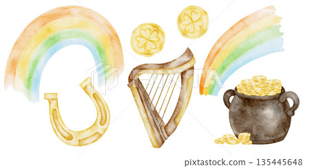 Rainbow, harp, pot of gold and horseshoe set in soft green and gold tones, hand painted watercolor clipart. Perfect for St Patricks Day design bundles, cards, posters 135445648