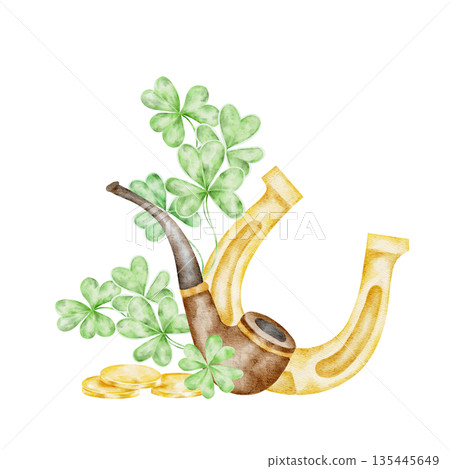 Golden horseshoe with tree branch, shamrocks and gold coins, hand painted watercolor clipart. Great for St Patricks Day posters, greeting cards, folklore designs, scrapbooking 135445649