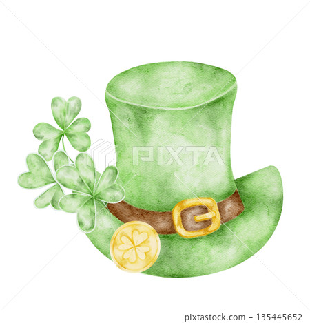 Green leprechaun hat with gold buckle and shamrock accents, hand painted watercolor clipart. Ideal for St Patricks Day cards, party invitations, stickers, apparel graphics, planners 135445652
