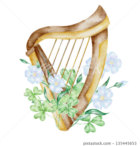 Irish harp decorated with shamrocks and blue flax blossoms, hand painted watercolor illustration. Suitable for St Patricks Day cultural graphics, posters, greeting cards, apparel prints Irish harp decorated with shamrocks and blue flax blossoms, hand painted watercolor illustration. Suitable for St Patricks Day cultural graphics, posters, greeting cards, apparel prints 135445653