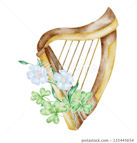 Traditional Irish harp with green shamrocks and blue flax flowers, hand painted watercolor clipart. Great for St Patricks Day posters, music themed designs, cultural events, invitations 135445654