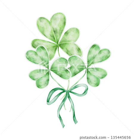 Green shamrock plant tied with green ribbon, hand painted watercolor clipart. Perfect for St Patricks Day stationery, greeting cards, party invitations, stickers, apparel Green shamrock plant tied with green ribbon, hand painted watercolor clipart. Perfect for St Patricks Day stationery, greeting cards, party invitations, stickers, apparel 135445656